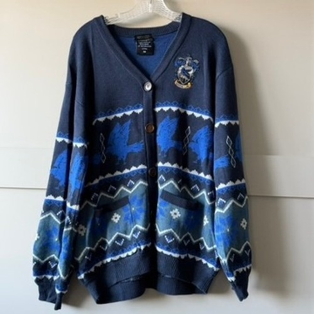Harry Potter Ravenclaw Cardigan Mens SM Blue Fair Isle Knit V-Neck Sweater